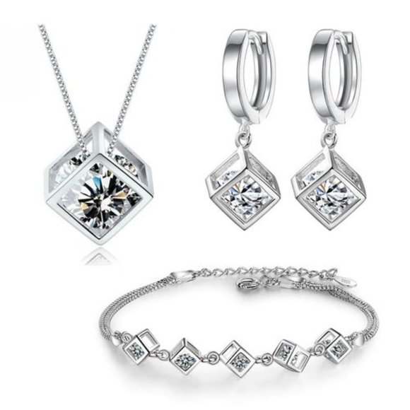 *NEW [Set of 3] 925 Sterling Silver Diamond Cube E - Picture 1 of 13